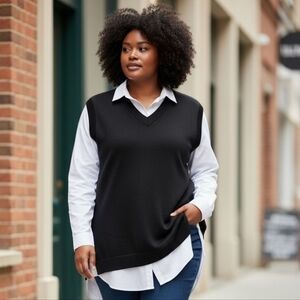 Indigo Rose Chic Black V-Neck Sweater Vest Connecter White Collar Shirt XL